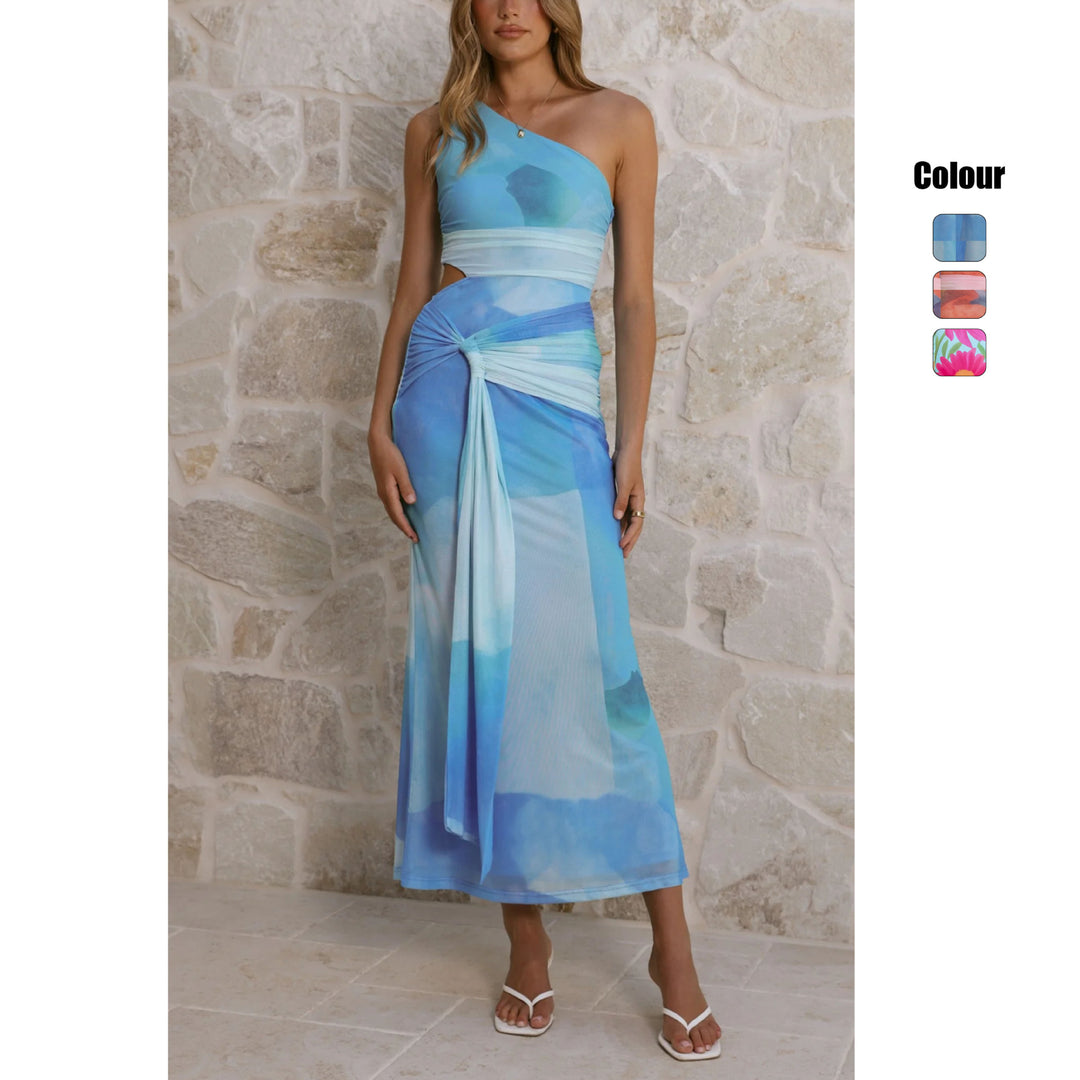 Damen Wickel-Maxikleid mit asymmetrischem Träger und floralen Akzenten Drune