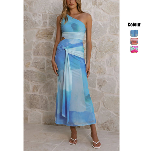 Damen Wickel-Maxikleid mit asymmetrischem Träger und floralen Akzenten Drune