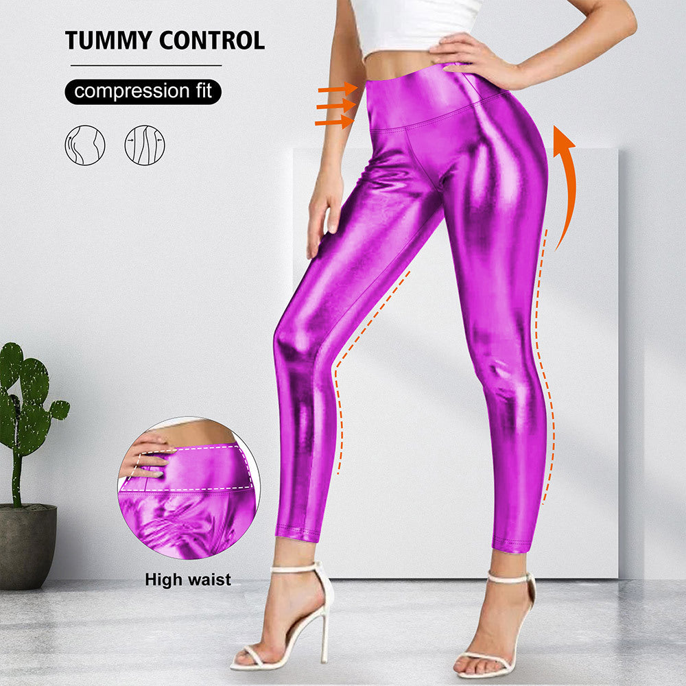 Damen Glänzende Sculpting-Leggings mit hohem Bund und Bauchkontrolle Drune