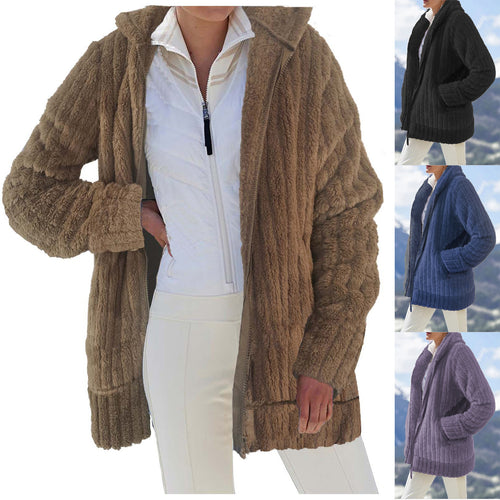 Damen Oversize Teddy‑Fleece Kapuzenmantel mit Rippbündchen und Eingrifftaschen Drune