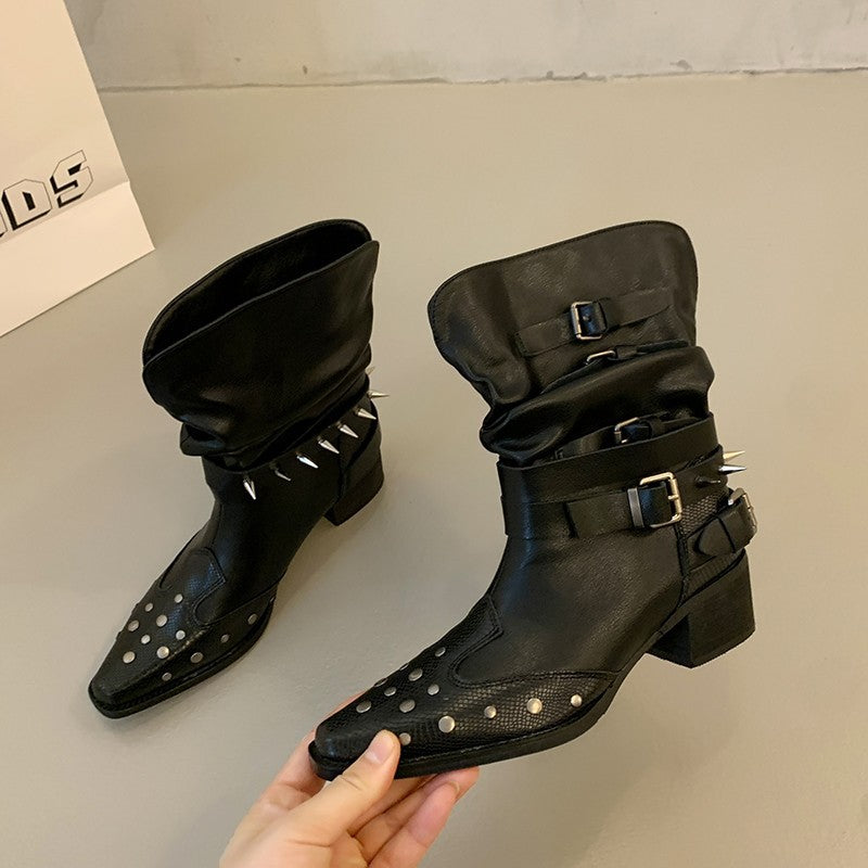 Damen Modische Stiefeletten mit Schnallen und Nieten Drune