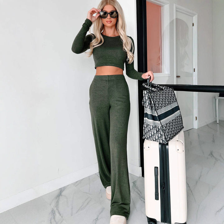 Damen lässiges Sweatsuit-Set mit cropped Oberteil und weit geschnittenen Hosen Drune