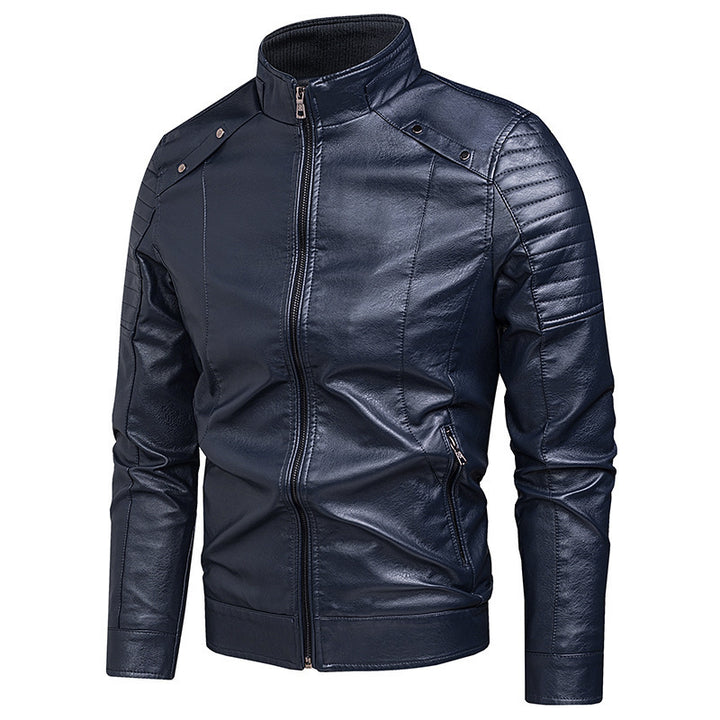 Herren Slim-Fit Kunstleder-Bikerjacke mit Stehkragen und Reißverschlusstaschen Drune