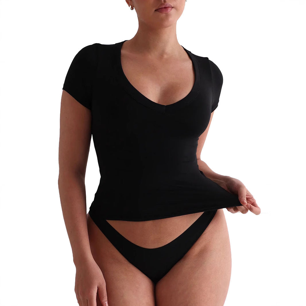 Damen figurbetontes V-Neck T-Shirt mit kurzen Ärmeln Drune