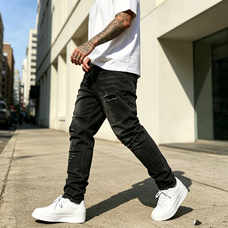 Herren Zerrissene Slim-Fit Jeans Drune