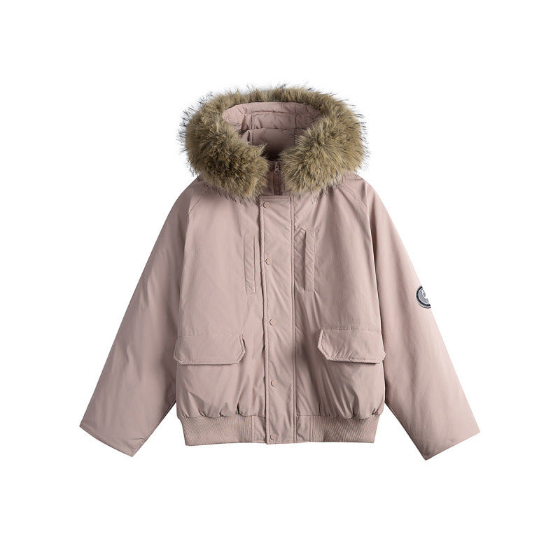 Damen Kurz-Bomberjacke mit Thermowattierung, Kapuze mit abnehmbarem Kunstfell und Utility-Taschen Drune