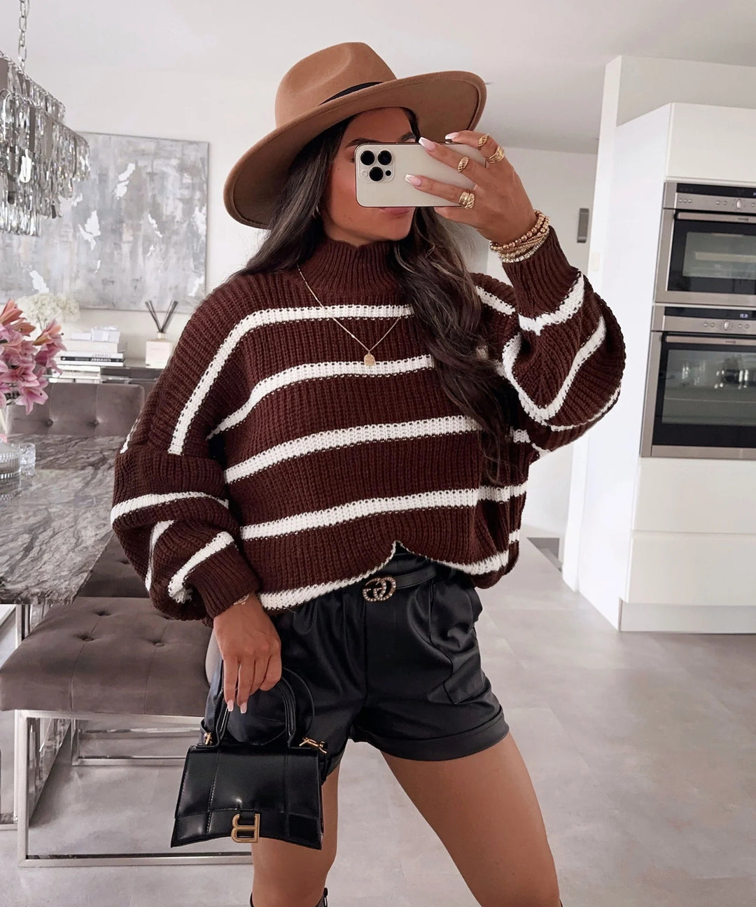Damen gestreifter Oversized-Pullover mit modischem Rollkragen Drune