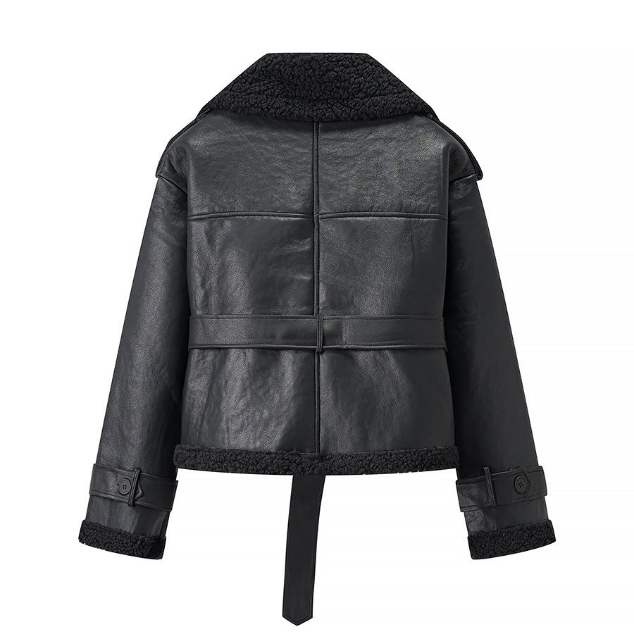 Damen trendige Bikerjacke mit Kunstfellkragen und Gürtel Drune