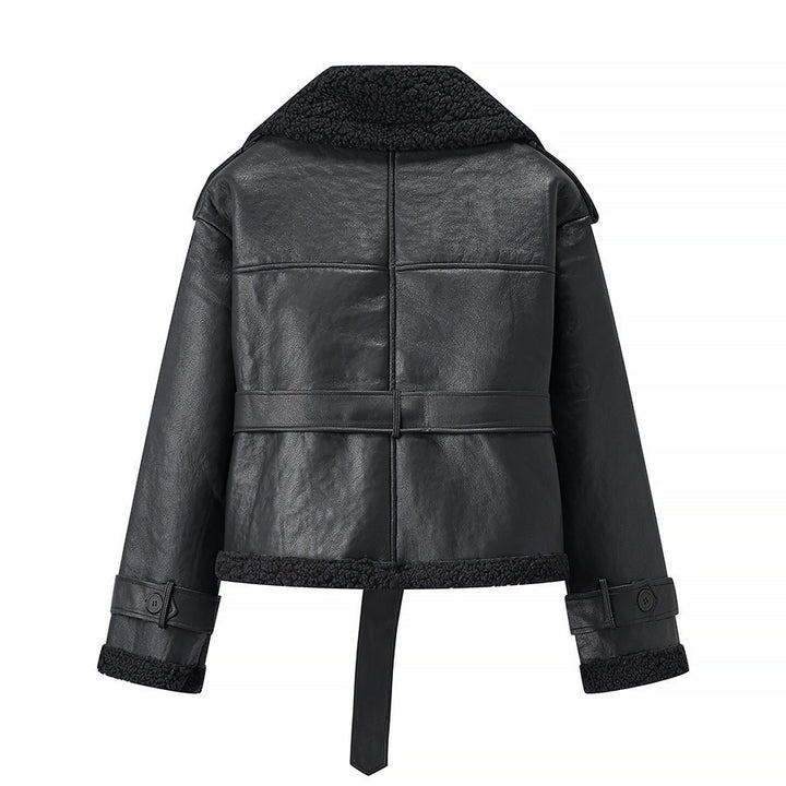 Damen trendige Bikerjacke mit Kunstfellkragen und Gürtel Drune