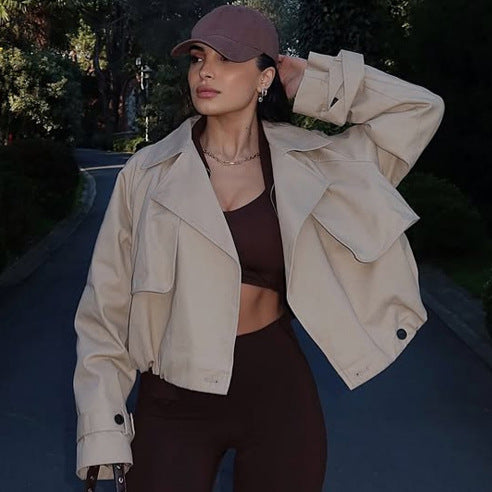 Damen Leichte Cropped-Übergangsjacke im Utility-Stil mit Hemdkragen und Tunnelzug Drune