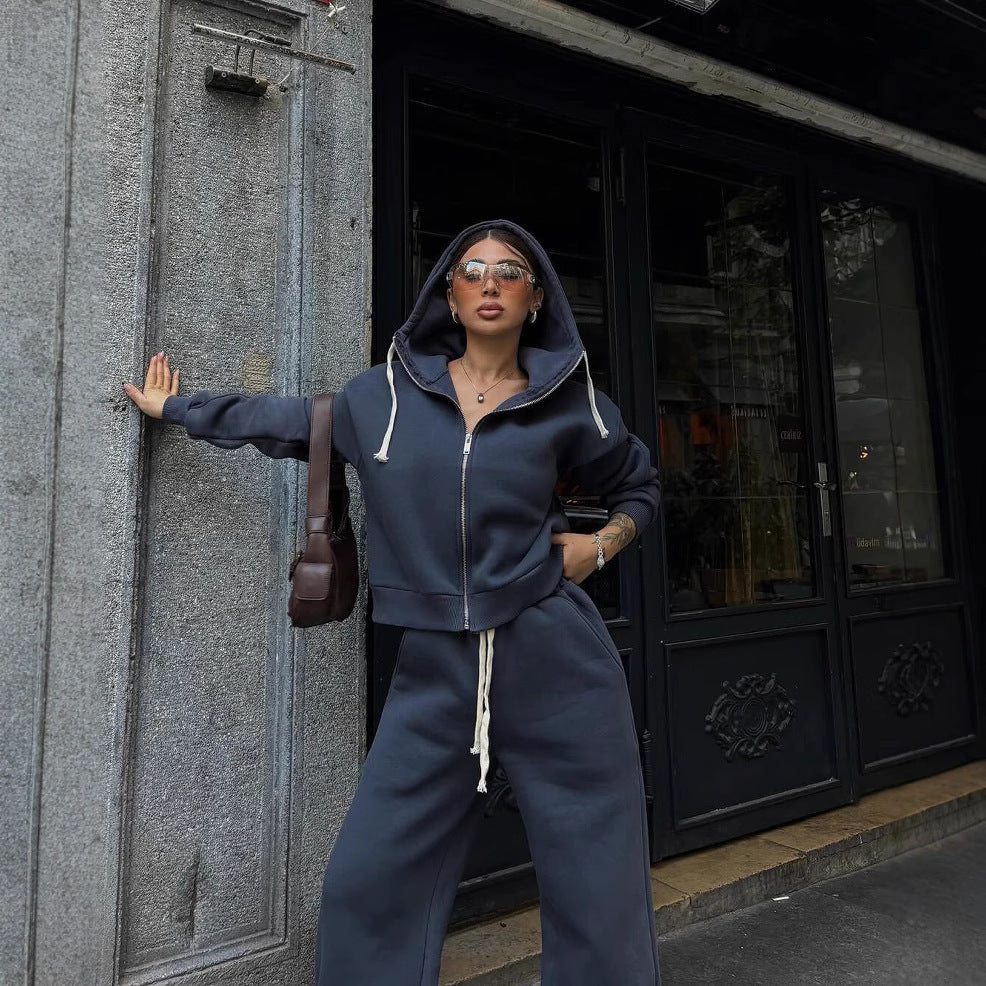 Damen Baumwoll-Mix Cropped Zip-Hoodie mit oversized Kapuze und High‑Waist Wide‑Leg Sweatpants Drune