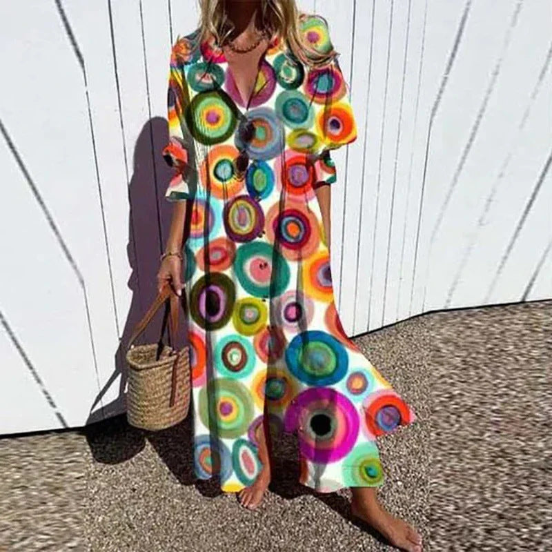 Frauen Fließendes Maxikleid mit Durchgehendem Knopfverschluss V-Ausschnitt und Volksdruck Drune