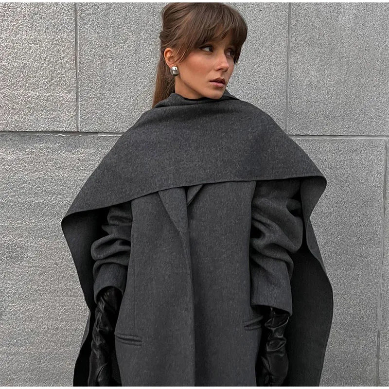 Damen Eleganter Oversize-Mantel mit schickem Kapuzenaufsatz Drune