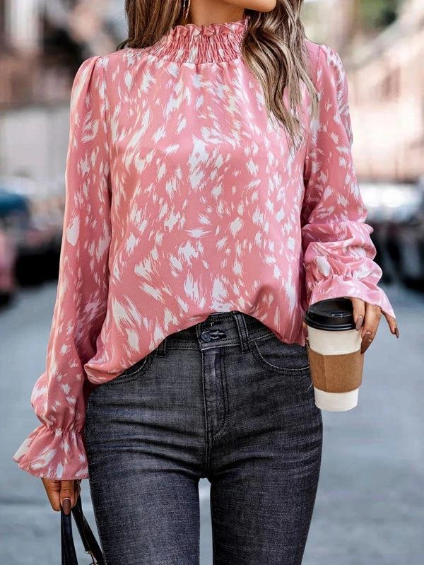 Damen Langarm-Chiffonbluse mit gerafftem Stehkragen und Fleckenmuster Drune