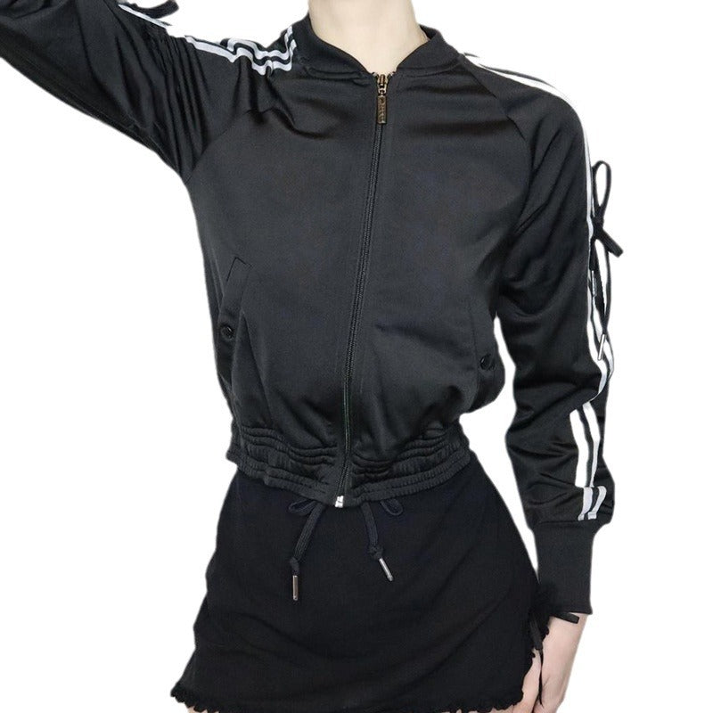 Damen nan sportive Zip-Jacke im Bomberstil mit seitlichen Streifen, Ärmel-Bindebändern und Kordelbund Drune