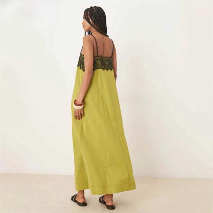 Damen nan nachtwäscheinspiriertes Maxikleid mit Spitzenbustier und schmalen Spaghettiträgern Drune