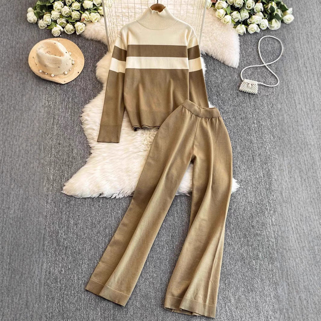 Damen modisches Strick-Loungewear-Set mit hohem Kragen und breiten Streifen Drune