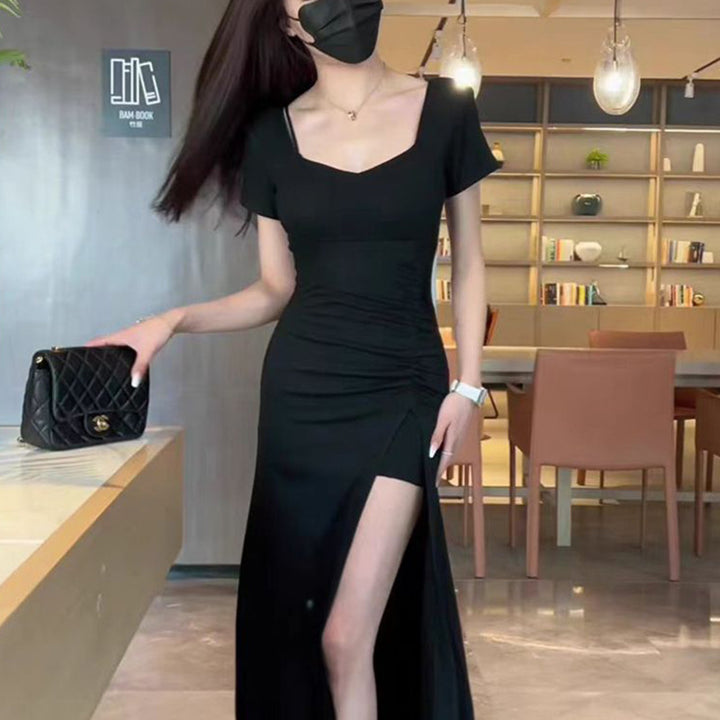 Damen figurbetontes langes Kleid mit schickem Raffungseffekt und hohem Schlitz Drune