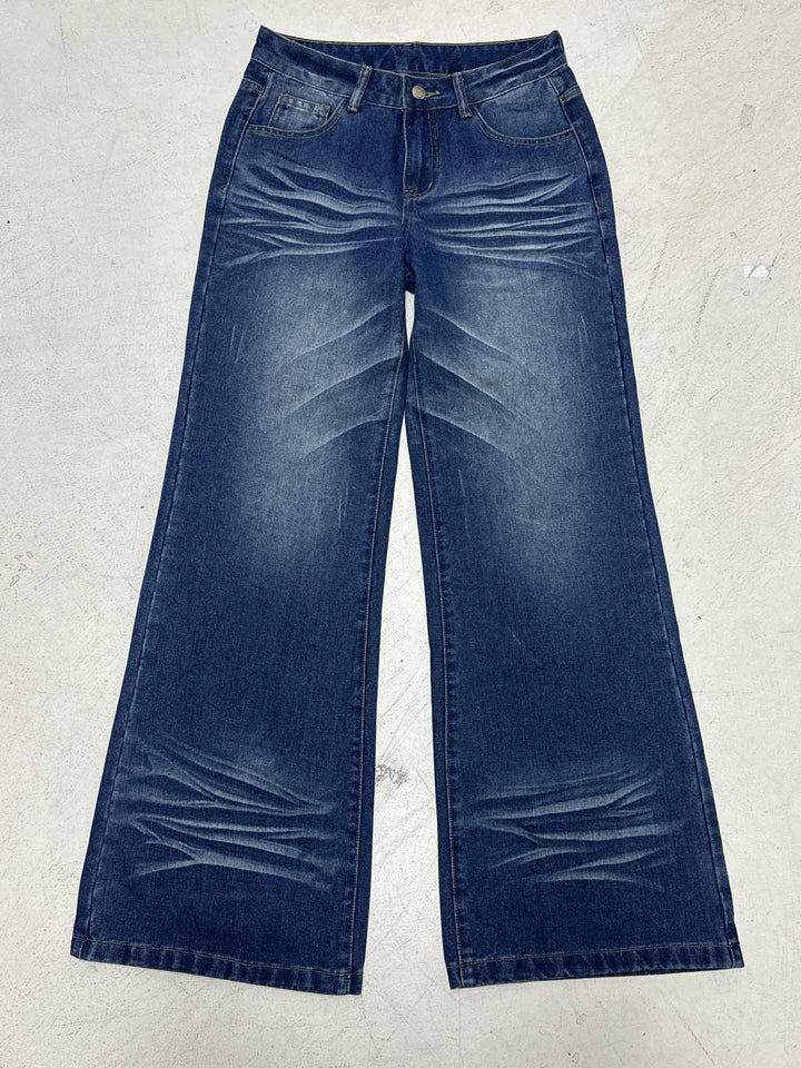 Damen Weite High‑Waist Denim-Jeans mit Used‑Effekt und geradem Bein Drune
