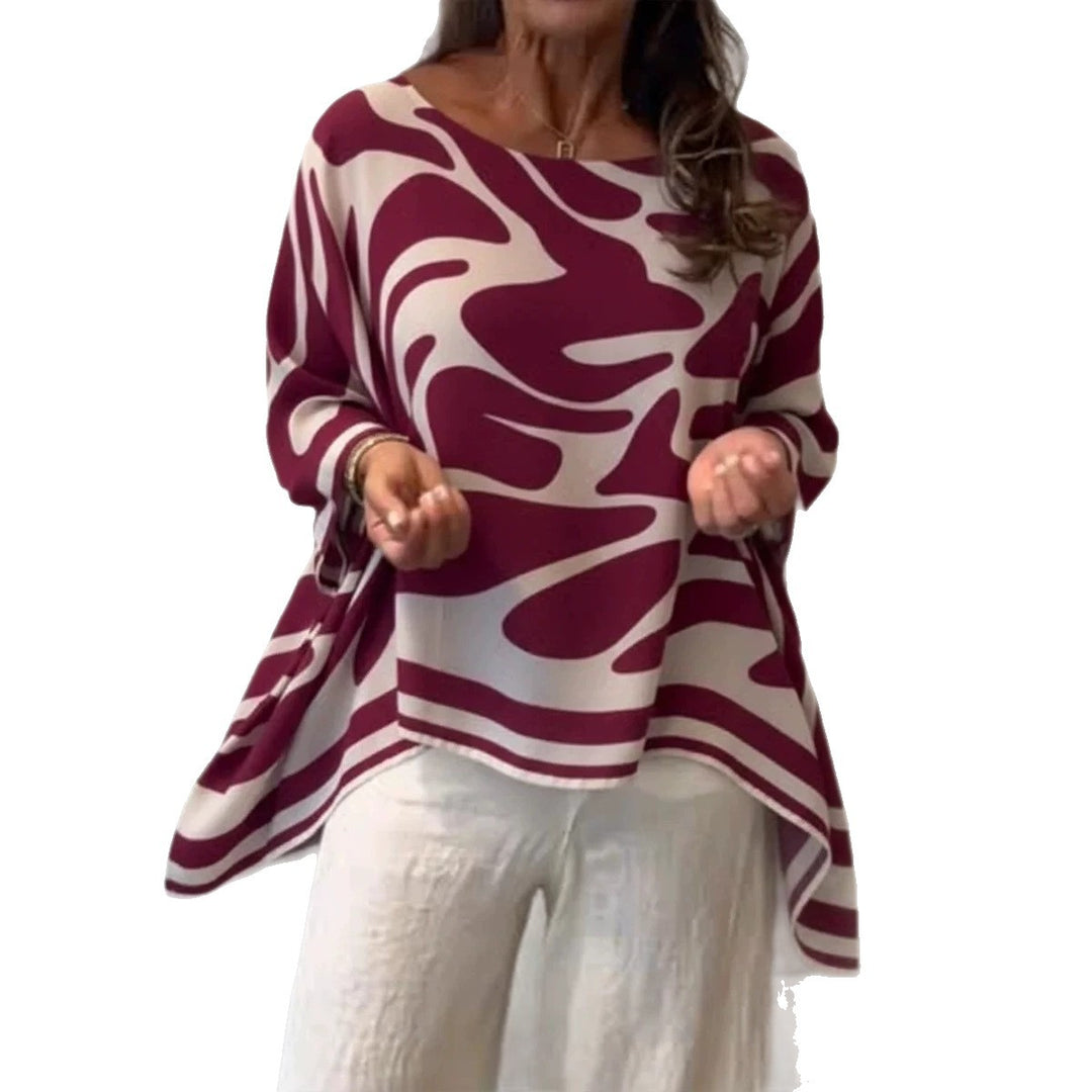 Damen Oversize Sommerbluse mit abstraktem Print, Fledermausärmeln und asymmetrischem Saum Drune
