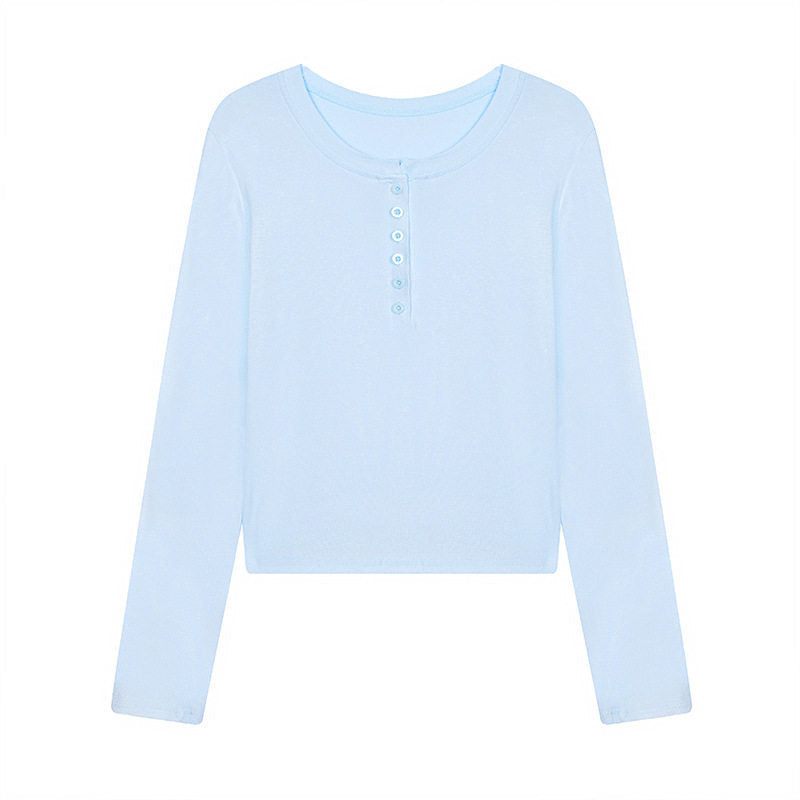 Damen Kurz geschnittenes Henley Langarmshirt aus Baumwolljersey mit Knopfleiste Drune
