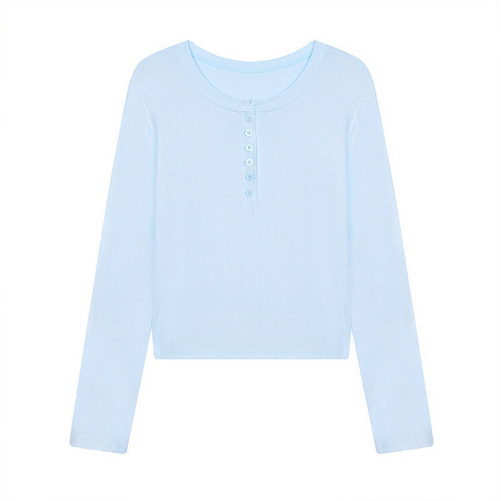 Damen Kurz geschnittenes Henley Langarmshirt aus Baumwolljersey mit Knopfleiste Drune
