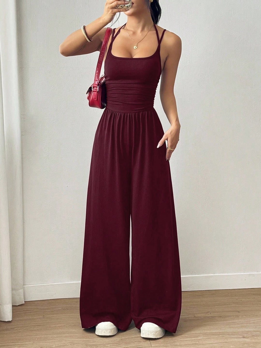 Damen luftiger Jumpsuit mit hohem Bund und verstellbaren Trägern Drune