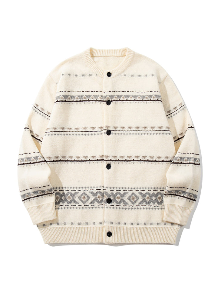 Unisex Strukturierte Jacquard-Strickjacke mit Rundhalsausschnitt, Oversize-Passform und Knopfleiste Drune