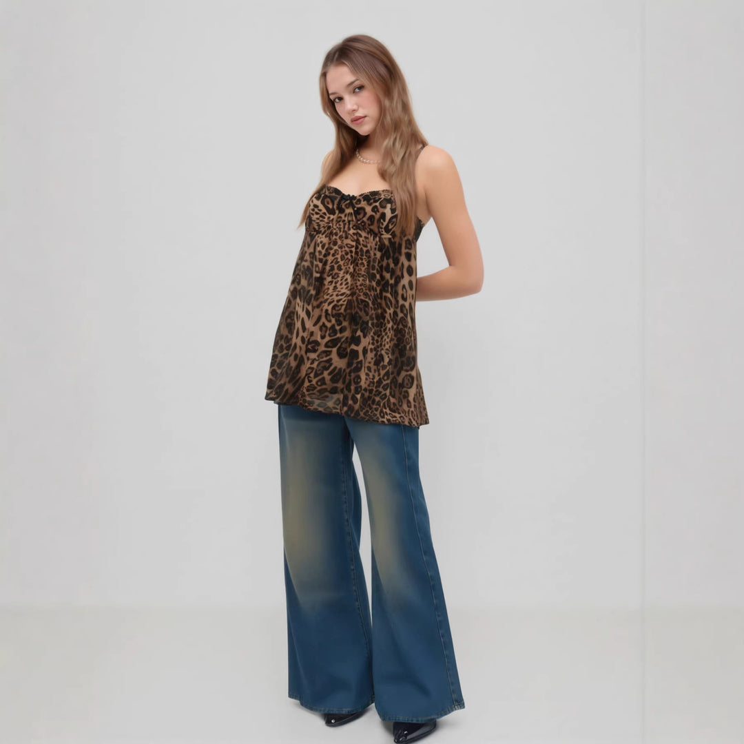 Damen Verspielt transparentes Spaghettiträgershirt mit Leopardenmuster Drune