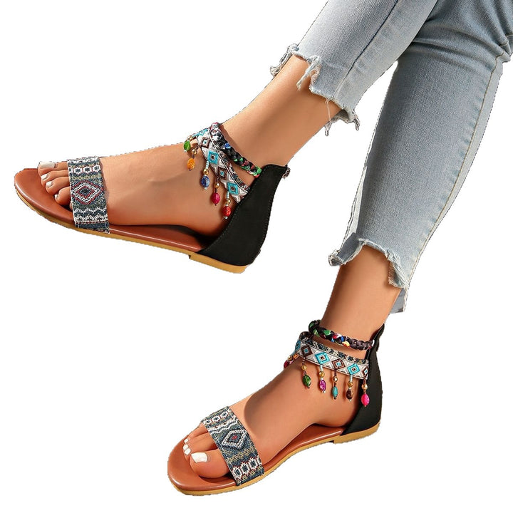 Damen Boho-Sandalen mit bestickten Riemen, geflochtenen Knöchelriemen und Zierperlen Drune