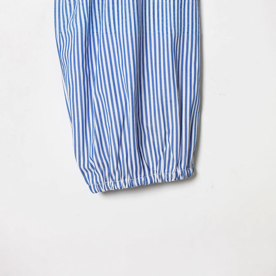 Damen Gestreifte Cropped‑Bluse mit quadratischem Ausschnitt und weiten Ballonärmeln Drune