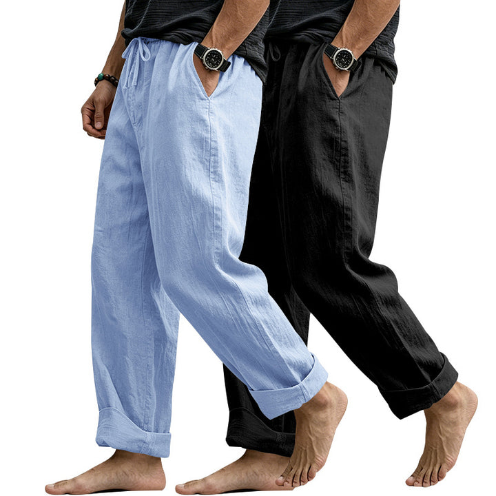 Herren Leinenmix-Loungehose mit elastischem Bund, Kordelzug und lockerer Passform Drune