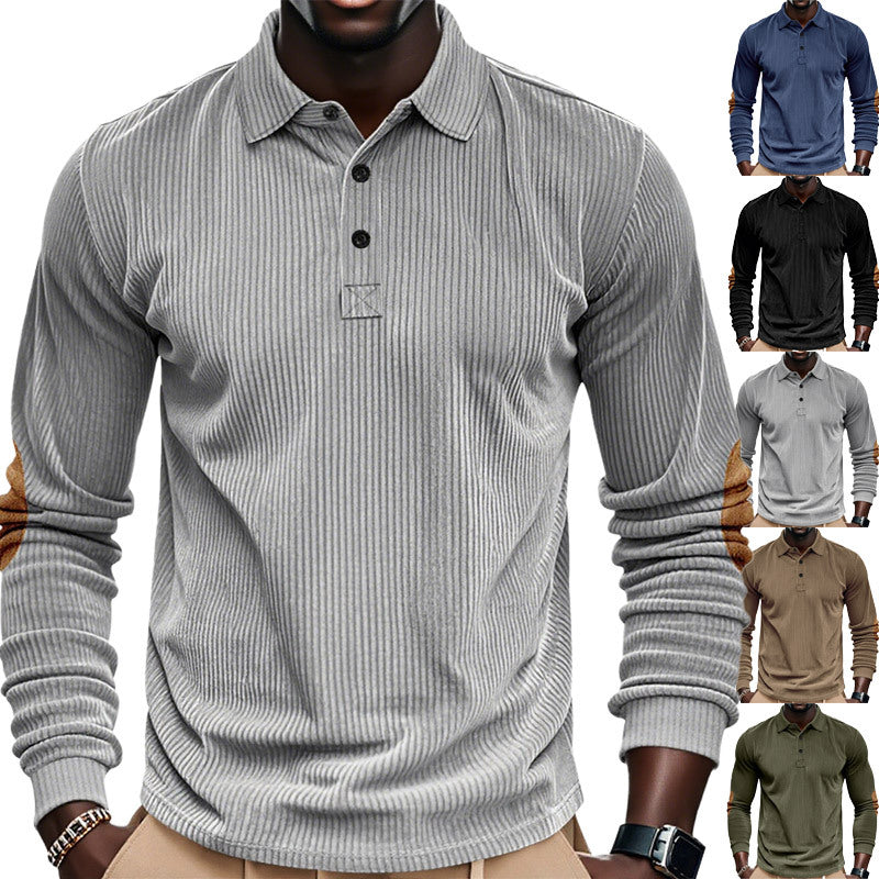 Herren nan geripptes Langarm-Poloshirt mit Henley-Knopfleiste und veloursähnlichen Ellbogenpatches Drune