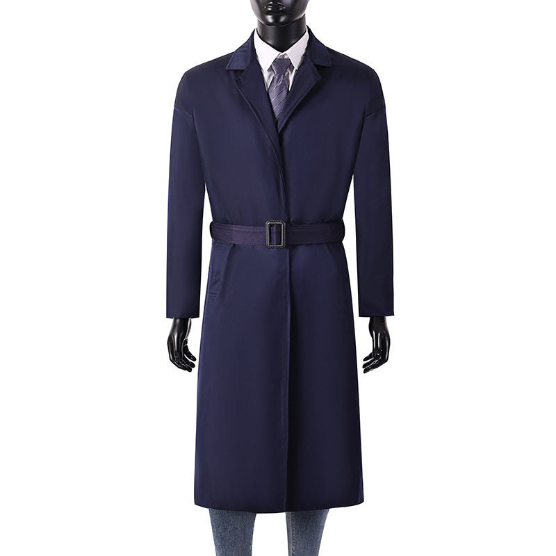 Herren Langer Minimalistischer Trenchcoat mit verdeckter Knopfleiste und Seitentaschen Drune