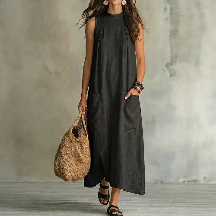 Damen nan ärmelloses Leinen-Maxikleid mit Stehkragen, Brustfalten und aufgesetzten Taschen Drune