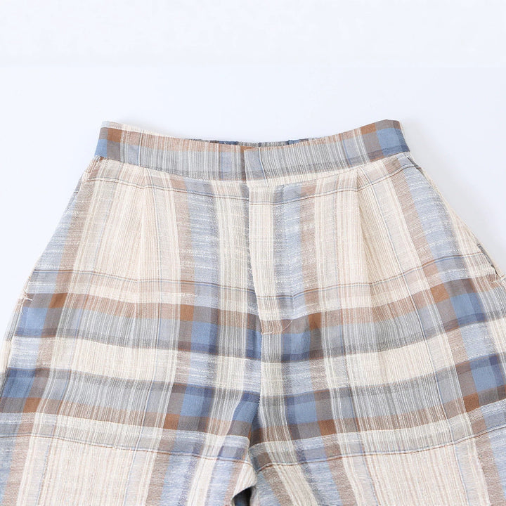 Damen Karierte Leinen-Mix Bundfaltenhose mit Tunnelzug und Schleifenbündchen Drune