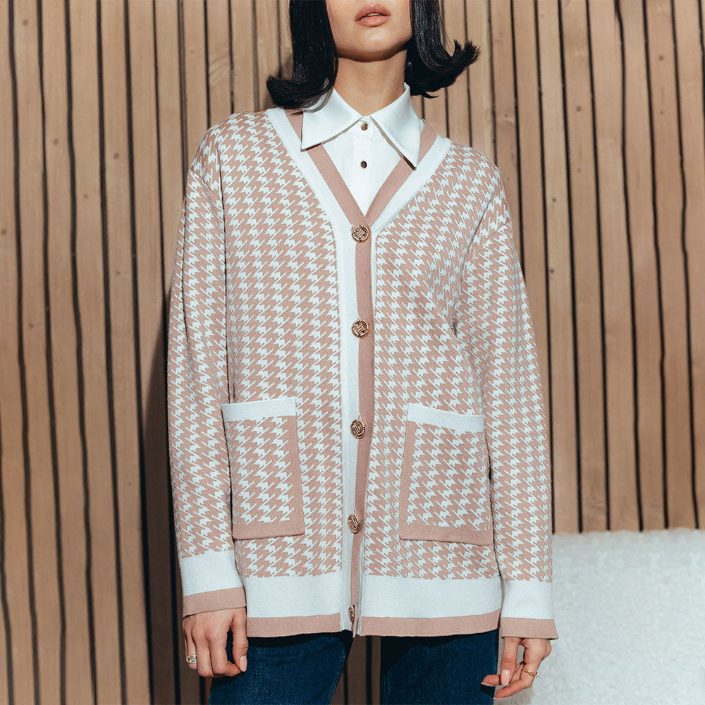 Damen Strickcardigan mit klassischem Hahnentritt-Muster und Knopfleiste Drune