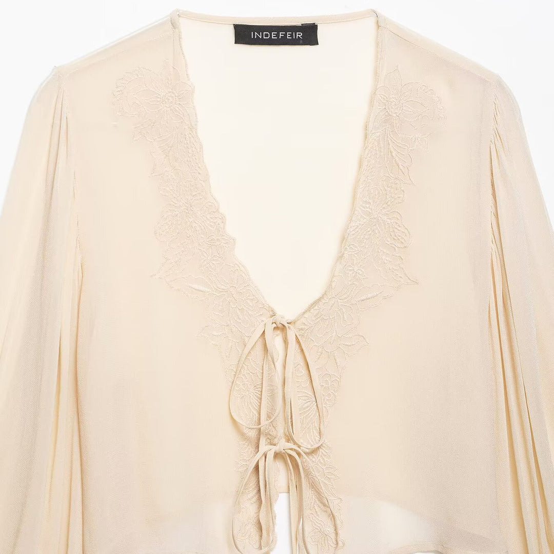 Damen Transparente Chiffon-Bolerobluse mit tiefem V-Ausschnitt, Spitzendetail und Bindebändern Drune