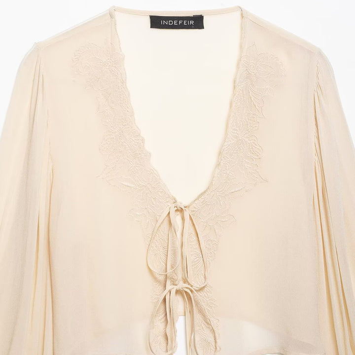 Damen Transparente Chiffon-Bolerobluse mit tiefem V-Ausschnitt, Spitzendetail und Bindebändern Drune