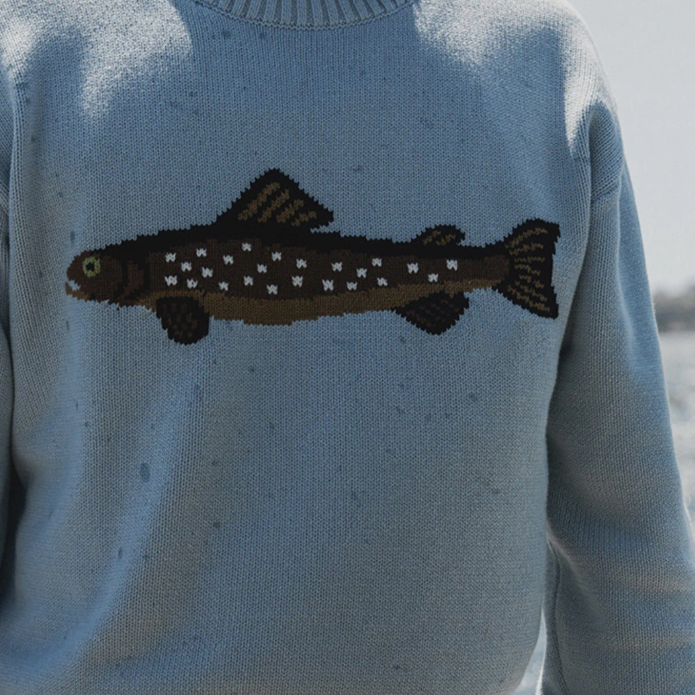 Damen Oversize Strickpullover mit Fisch-Jacquard, Halbkragen und Rippenbündchen Drune