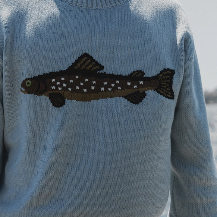 Damen Oversize Strickpullover mit Fisch-Jacquard, Halbkragen und Rippenbündchen Drune