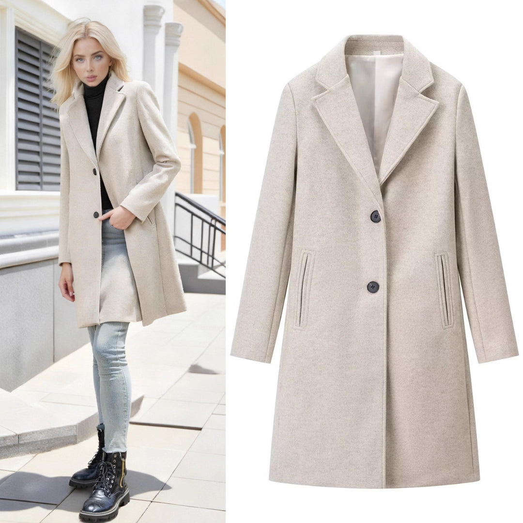 Damen Longline Einreihiger Wollmix-Mantel mit Reverskragen und Leistentaschen Drune