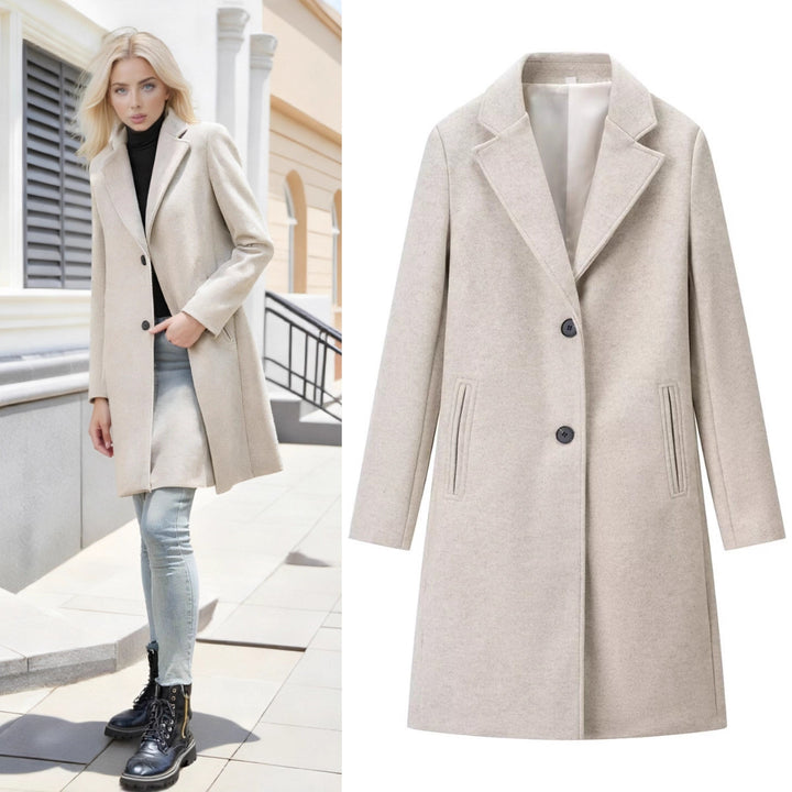 Damen Longline Einreihiger Wollmix-Mantel mit Reverskragen und Leistentaschen Drune