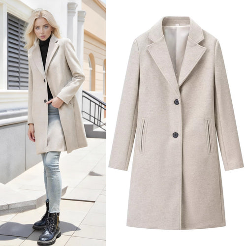 Damen Longline Einreihiger Wollmix-Mantel mit Reverskragen und Leistentaschen Drune