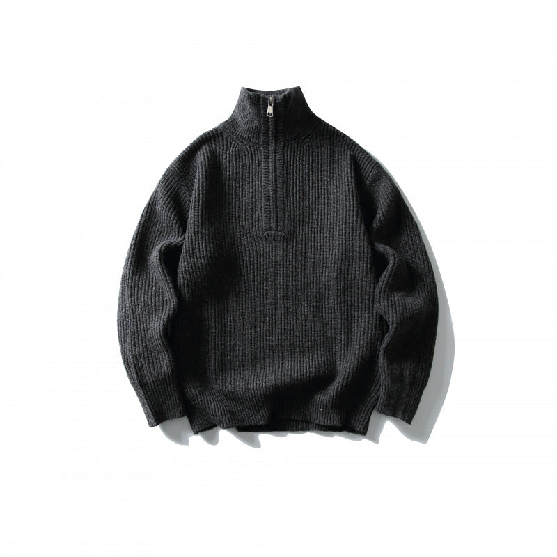 Unisex Strukturierter Halbzip-Strickpullover mit hohem Stehkragen und geripptem Rippstrick Drune