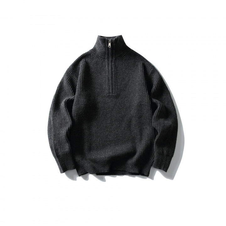 Unisex Strukturierter Halbzip-Strickpullover mit hohem Stehkragen und geripptem Rippstrick Drune