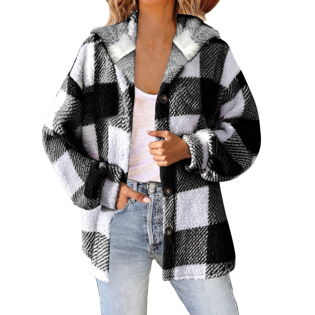 Damen nan kuschelige karierte Teddyjacke mit Kapuze, Knopfverschluss und oversized Schnitt Drune