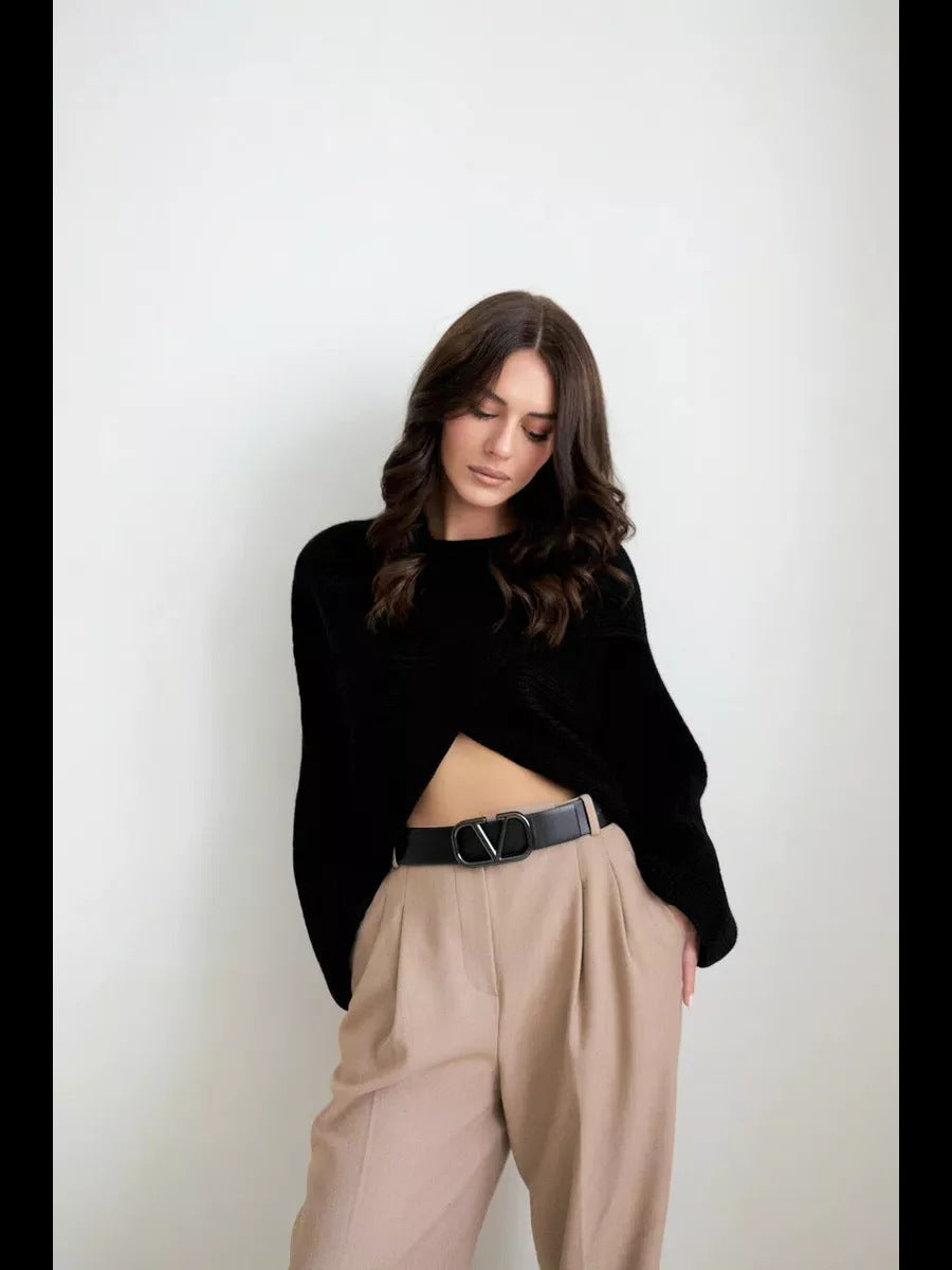Damen lässiger Wickelpullover mit weitem Schnitt und strukturiertem Material Drune