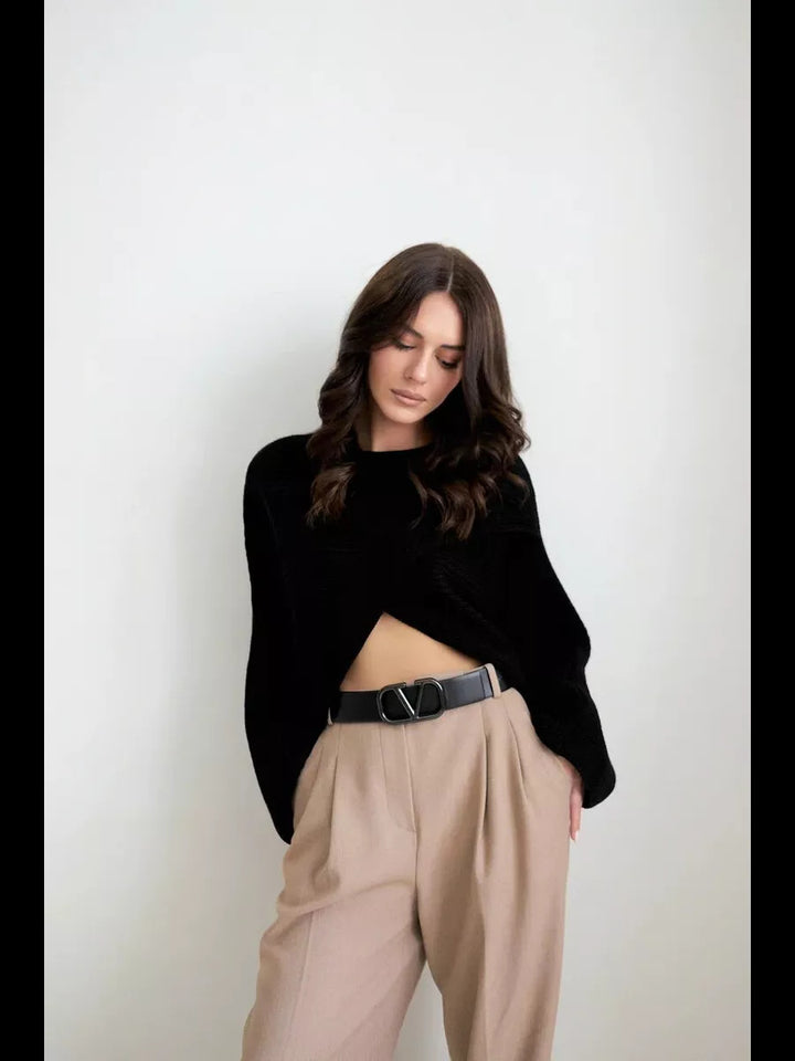 Damen lässiger Wickelpullover mit weitem Schnitt und strukturiertem Material Drune