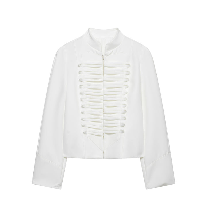 Damen Kurzbluse-Jacke mit gefalteter Rüschenpasse und Stehkragen Drune